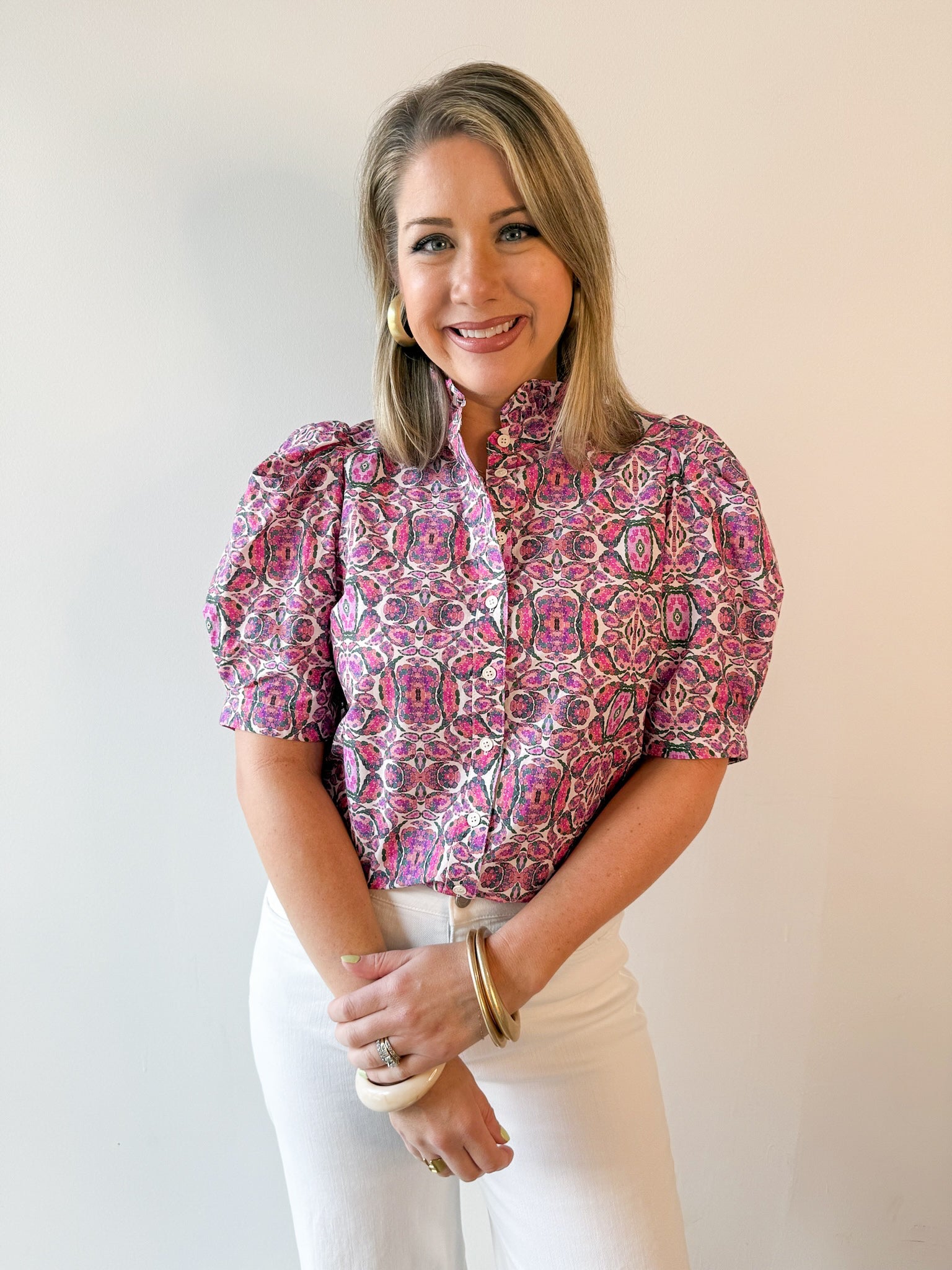 Puff Ruffle Neck Top - Pink/Multi