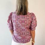 Puff Ruffle Neck Top - Pink/Multi