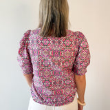 Puff Ruffle Neck Top - Pink/Multi