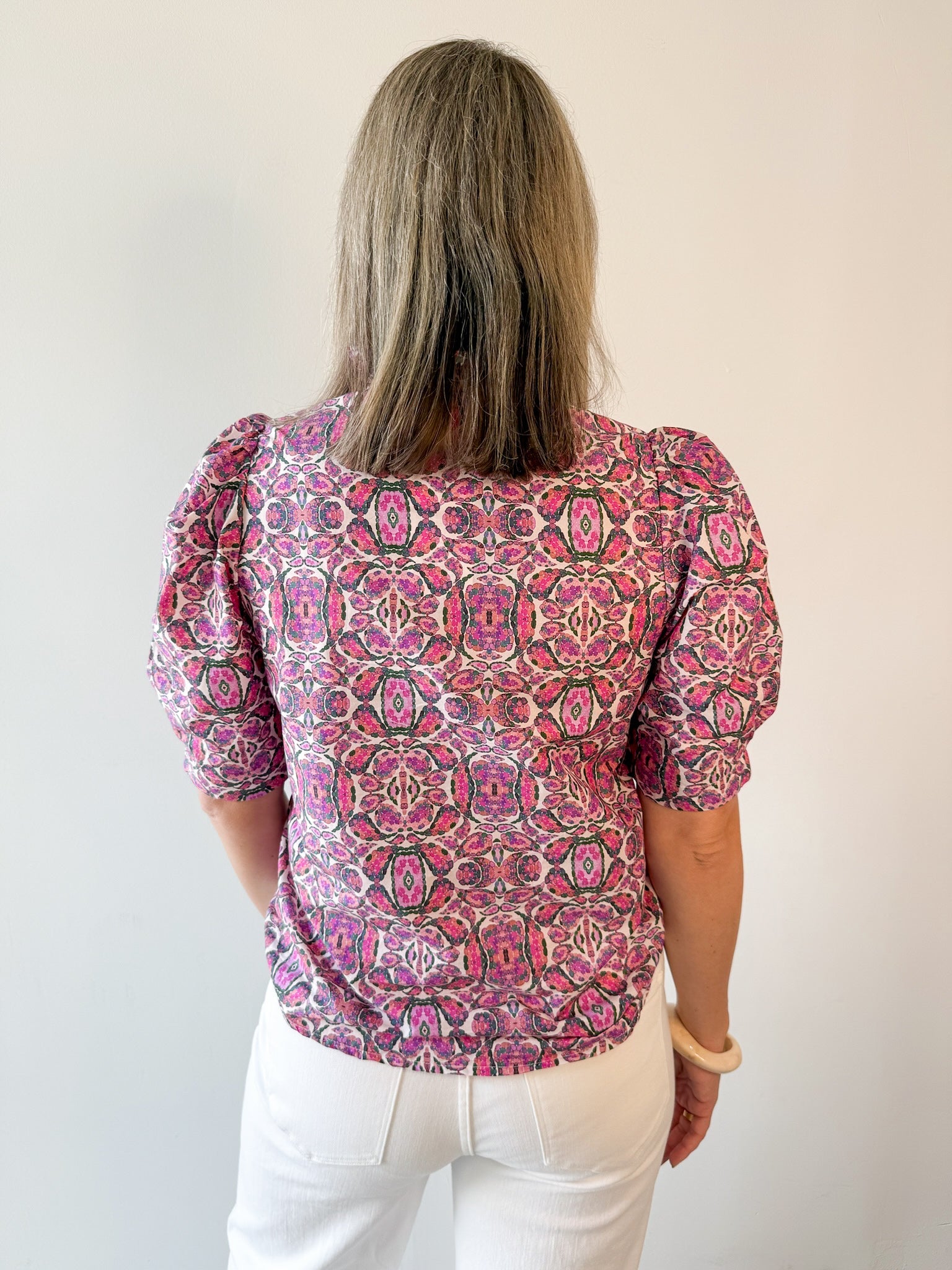 Puff Ruffle Neck Top - Pink/Multi