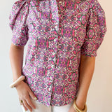 Puff Ruffle Neck Top - Pink/Multi