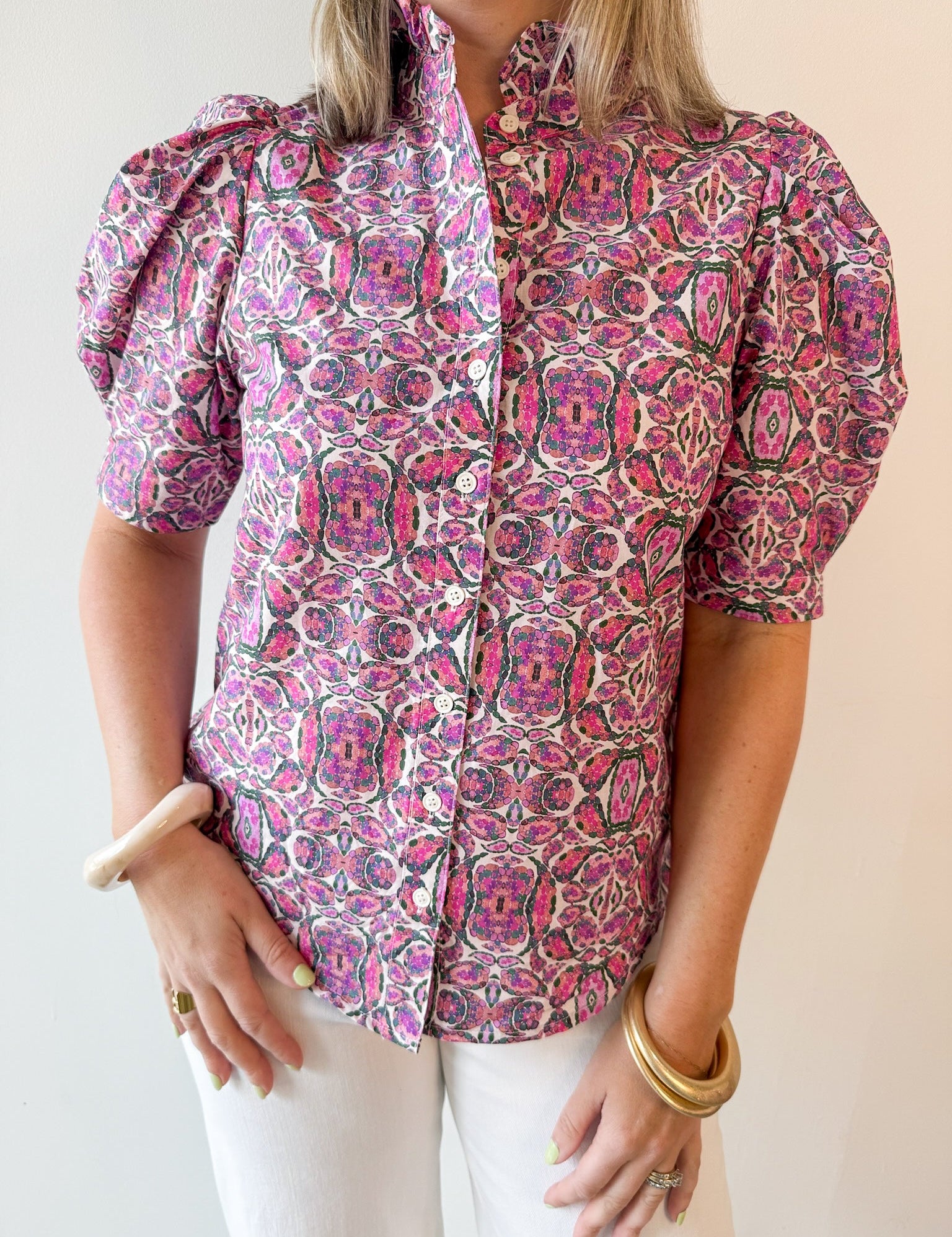 Puff Ruffle Neck Top - Pink/Multi