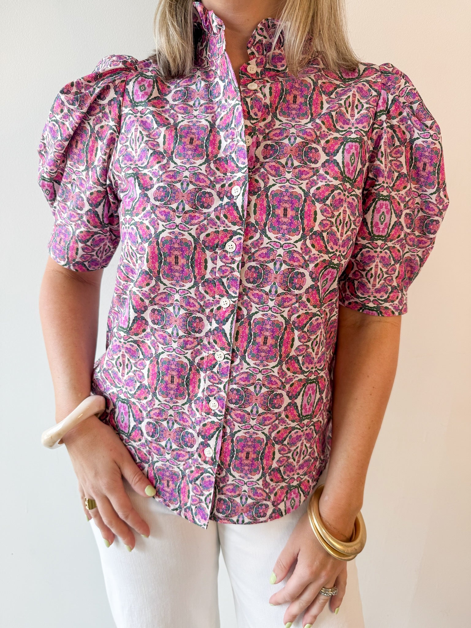 Puff Ruffle Neck Top - Pink/Multi