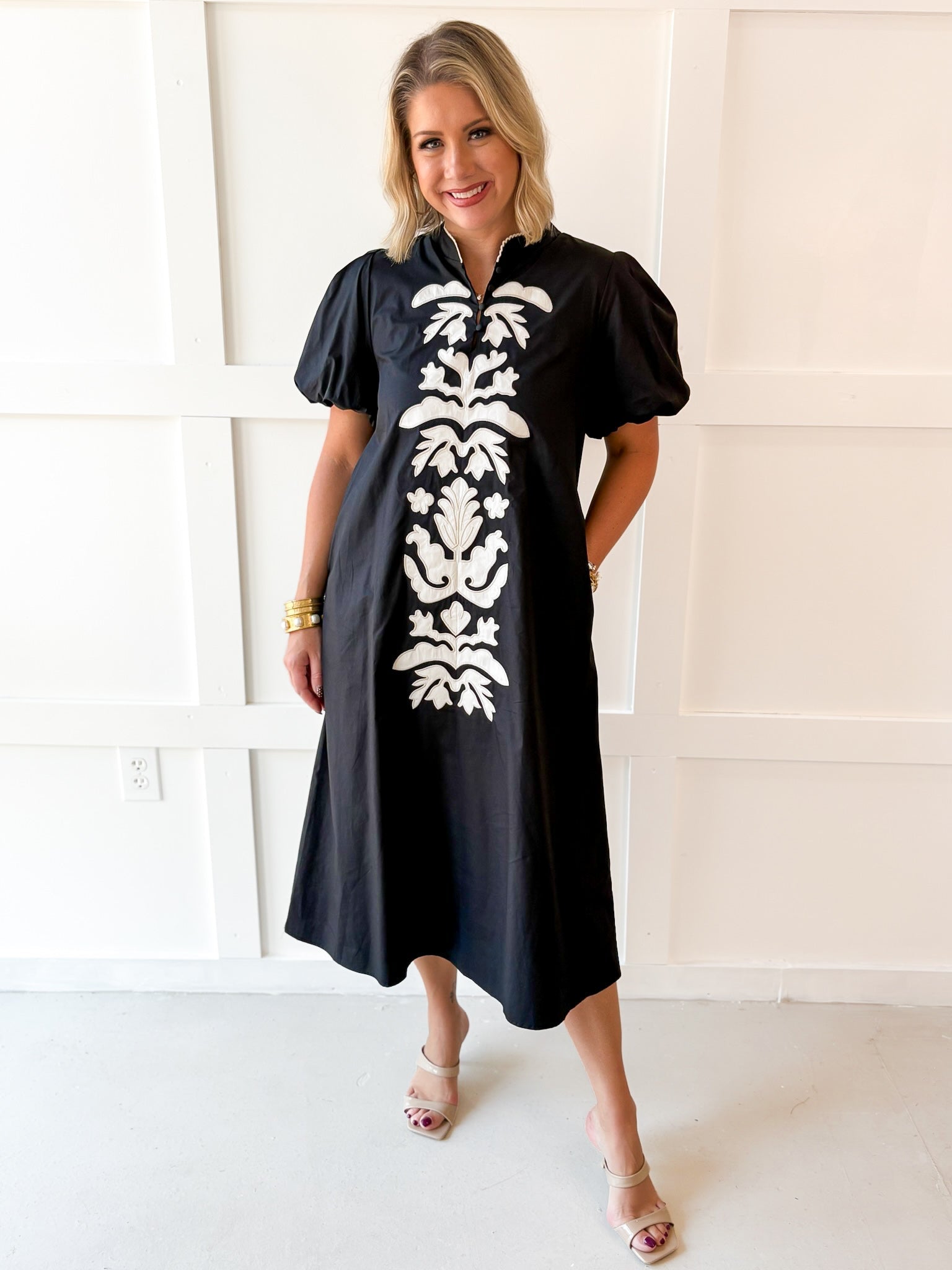 Puff Sleeve App Midi Dress - Ivory/Black