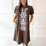 Puff Sleeve Appliqué Midi Dress -Blue/Brown