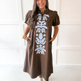 Puff Sleeve Appliqué Midi Dress -Blue/Brown