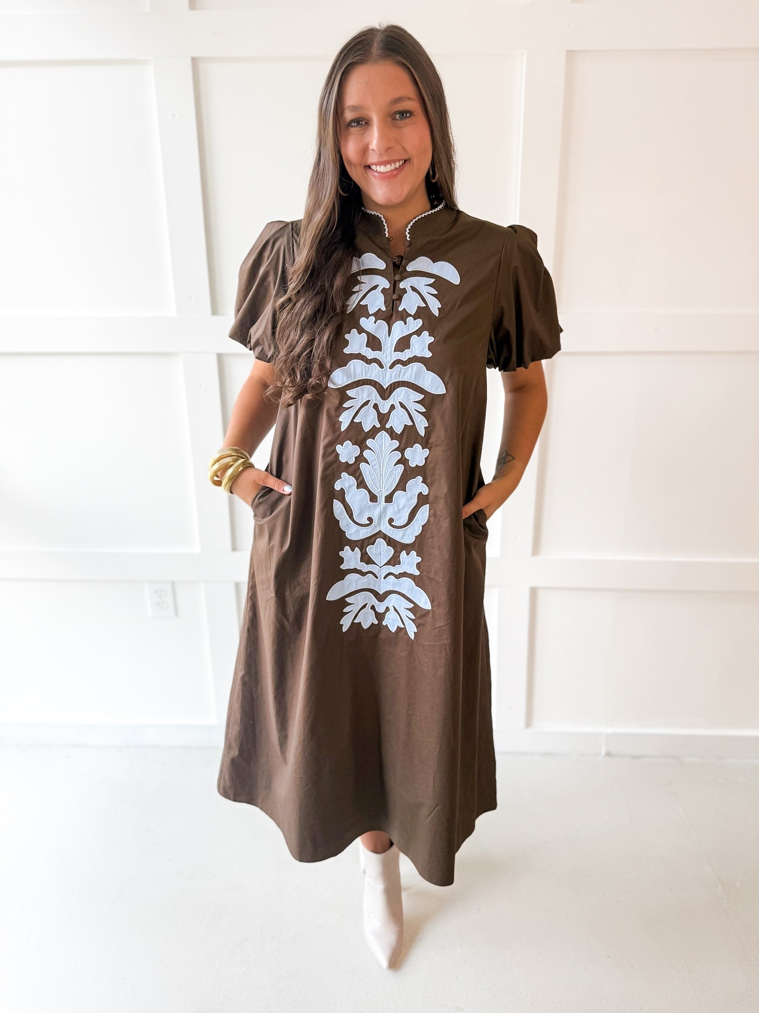 Puff Sleeve Appliqué Midi Dress -Blue/Brown