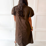 Puff Sleeve Appliqué Midi Dress -Blue/Brown