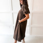 Puff Sleeve Appliqué Midi Dress -Blue/Brown