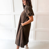 Puff Sleeve Appliqué Midi Dress -Blue/Brown