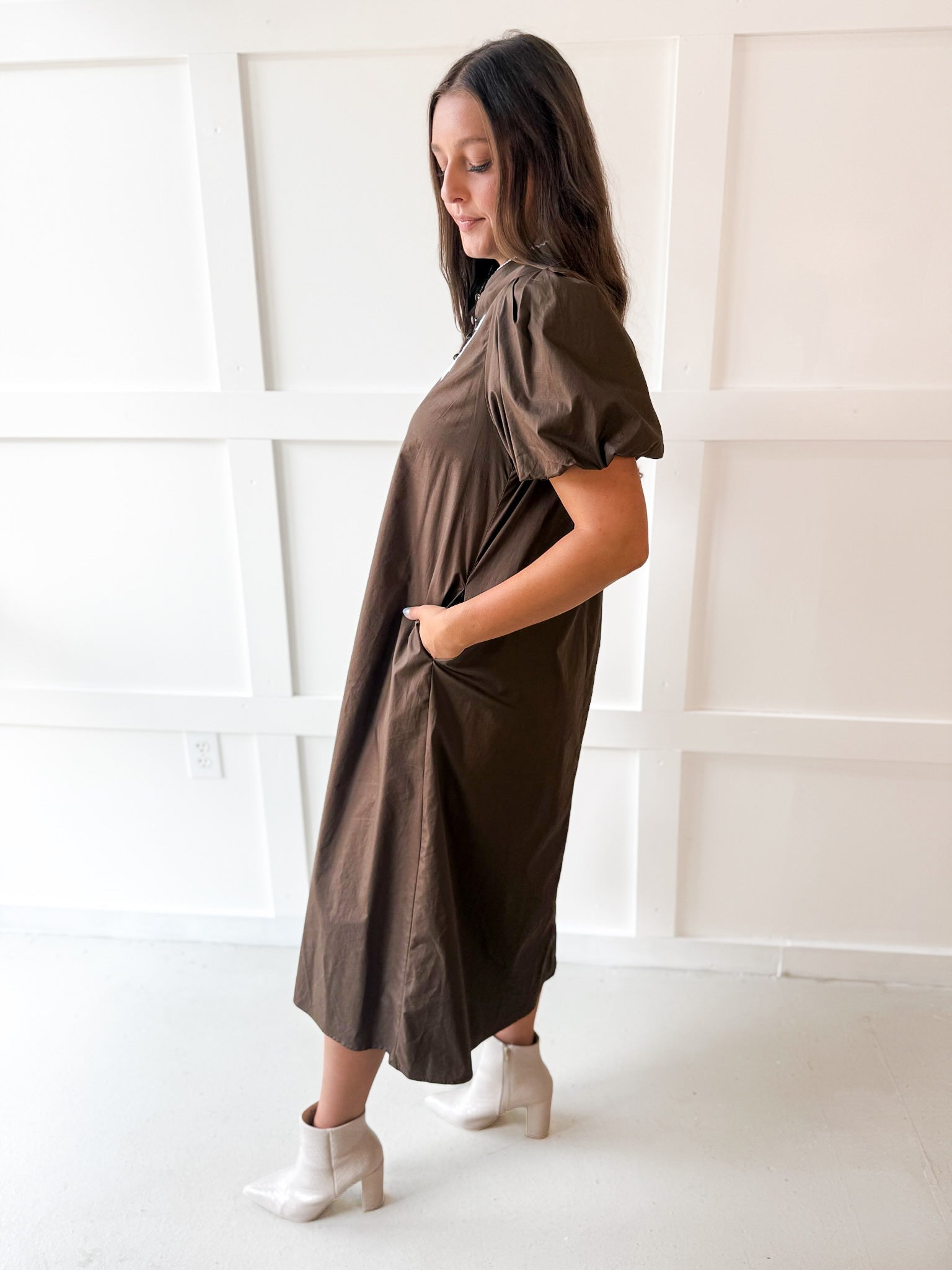 Puff Sleeve Appliqué Midi Dress -Blue/Brown