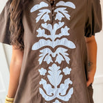 Puff Sleeve Appliqué Midi Dress -Blue/Brown