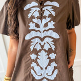 Puff Sleeve Appliqué Midi Dress -Blue/Brown
