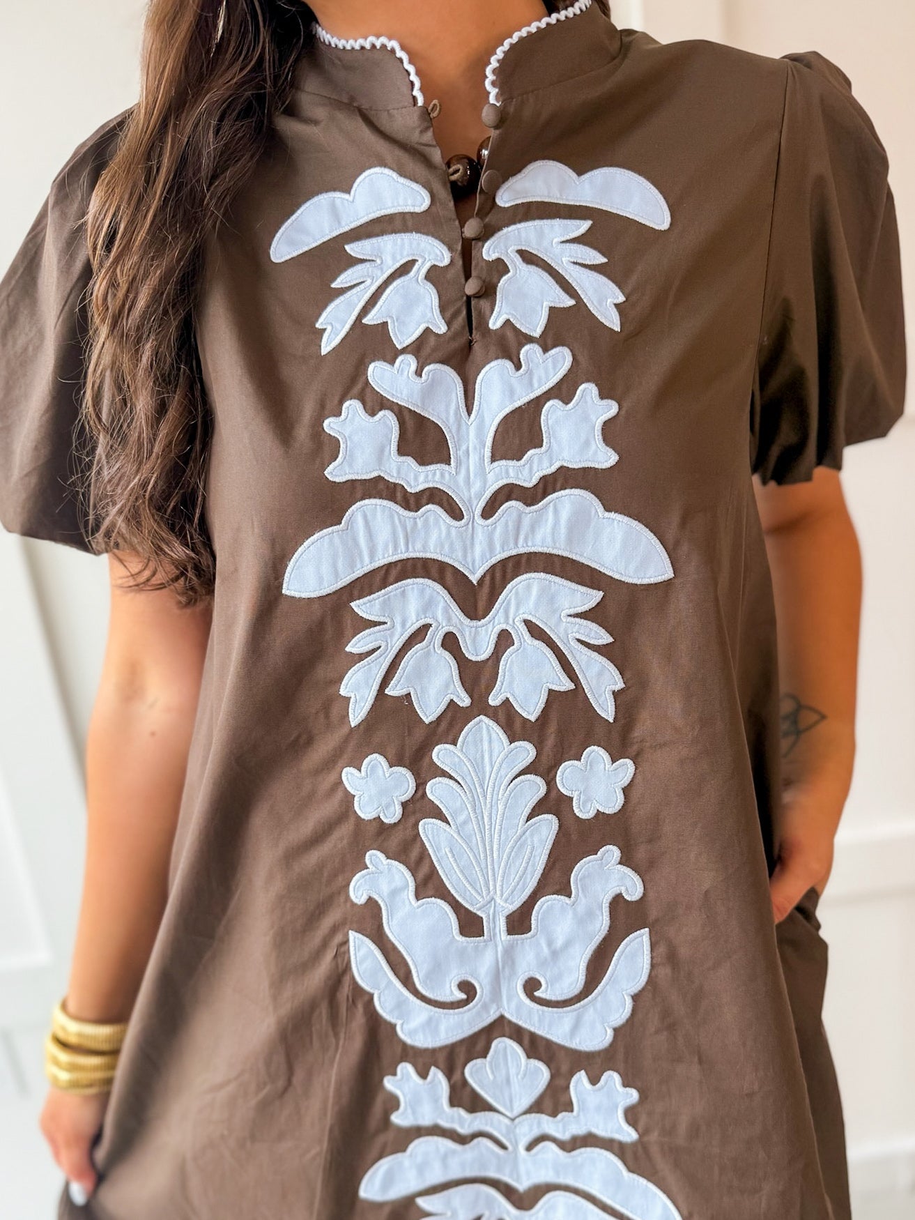 Puff Sleeve Appliqué Midi Dress -Blue/Brown