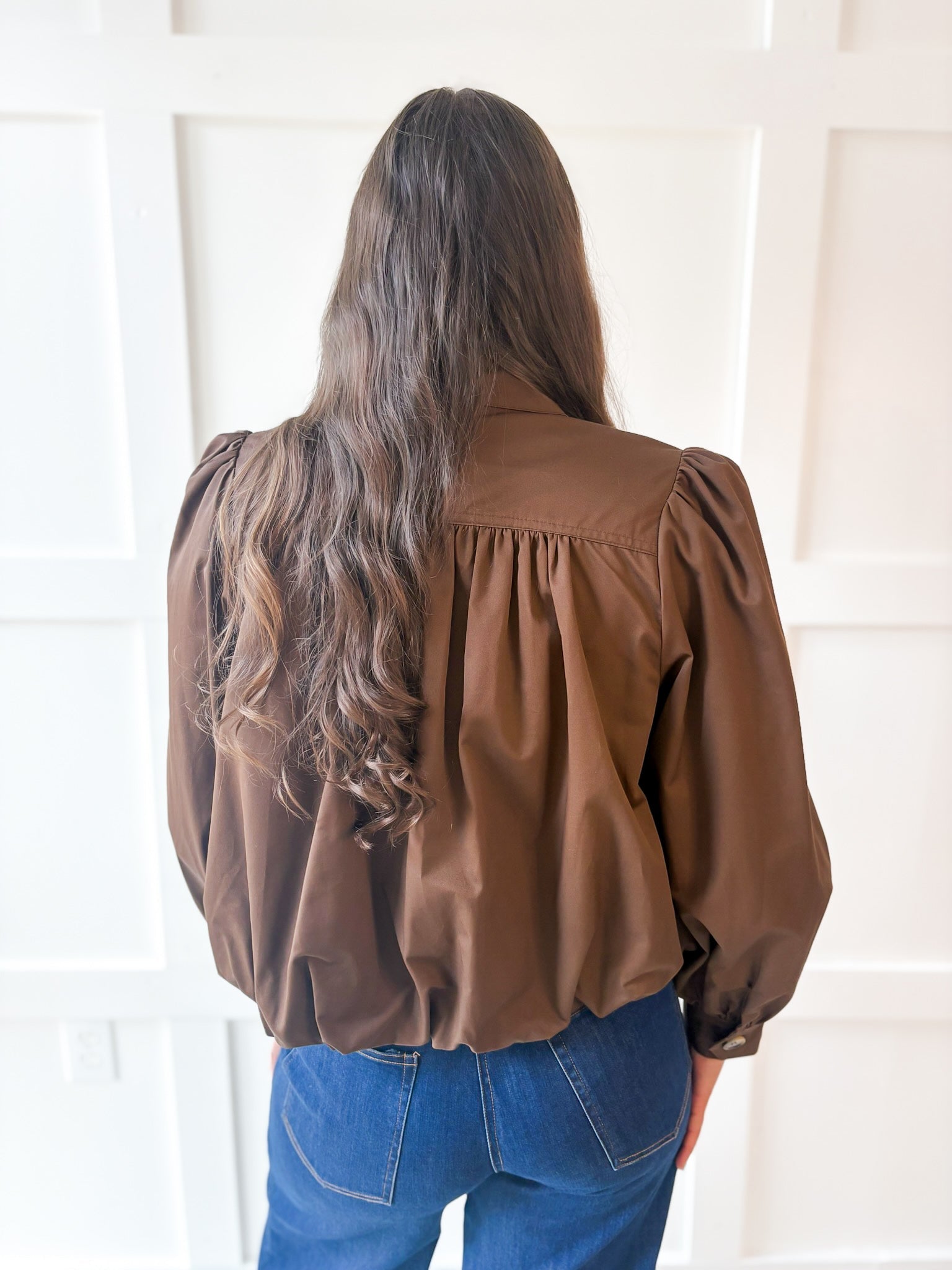 Puff Sleeve Bubble Hem Jacket- Brown