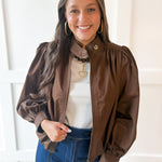 Puff Sleeve Bubble Hem Jacket- Brown