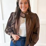 Puff Sleeve Bubble Hem Jacket- Brown
