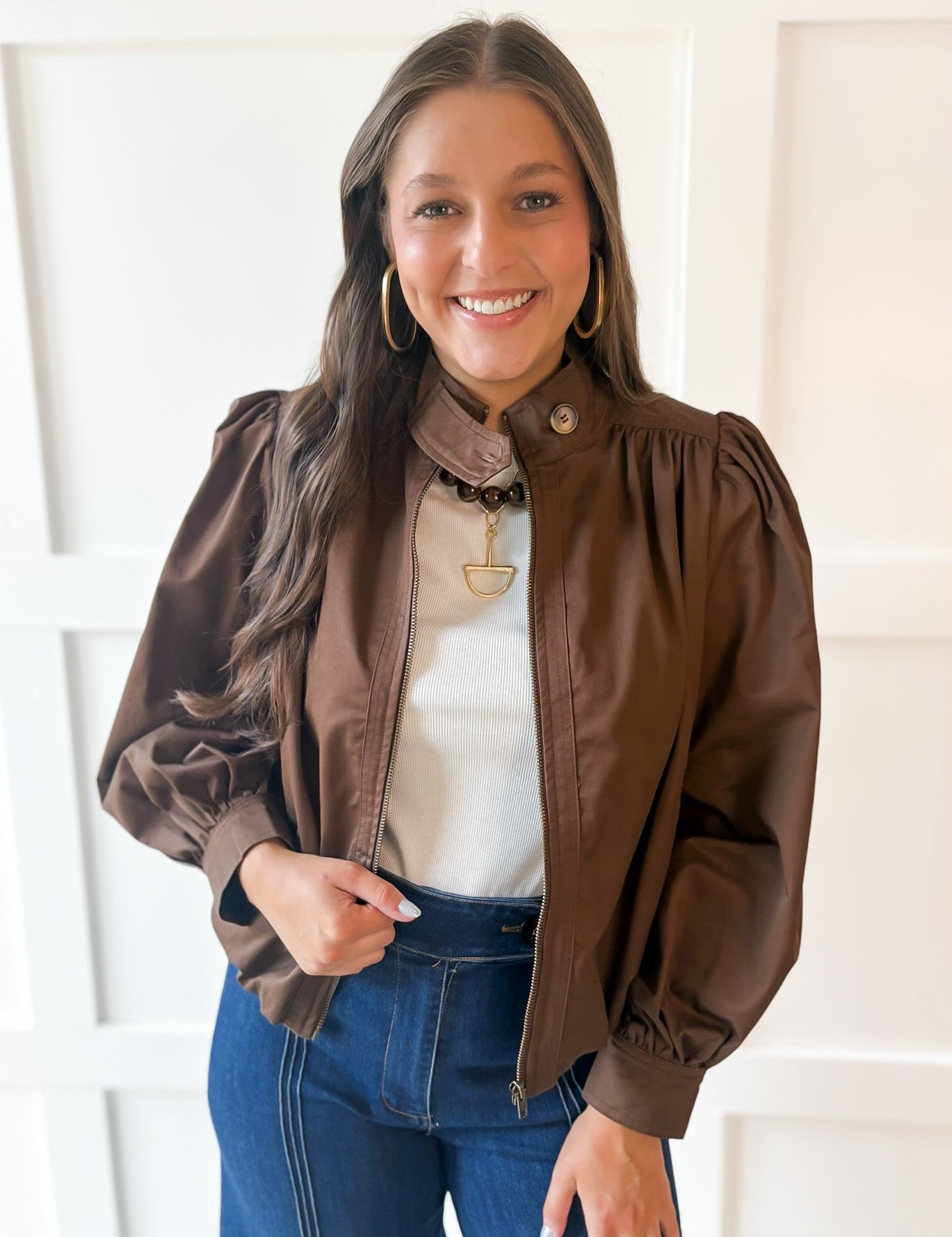 Puff Sleeve Bubble Hem Jacket- Brown