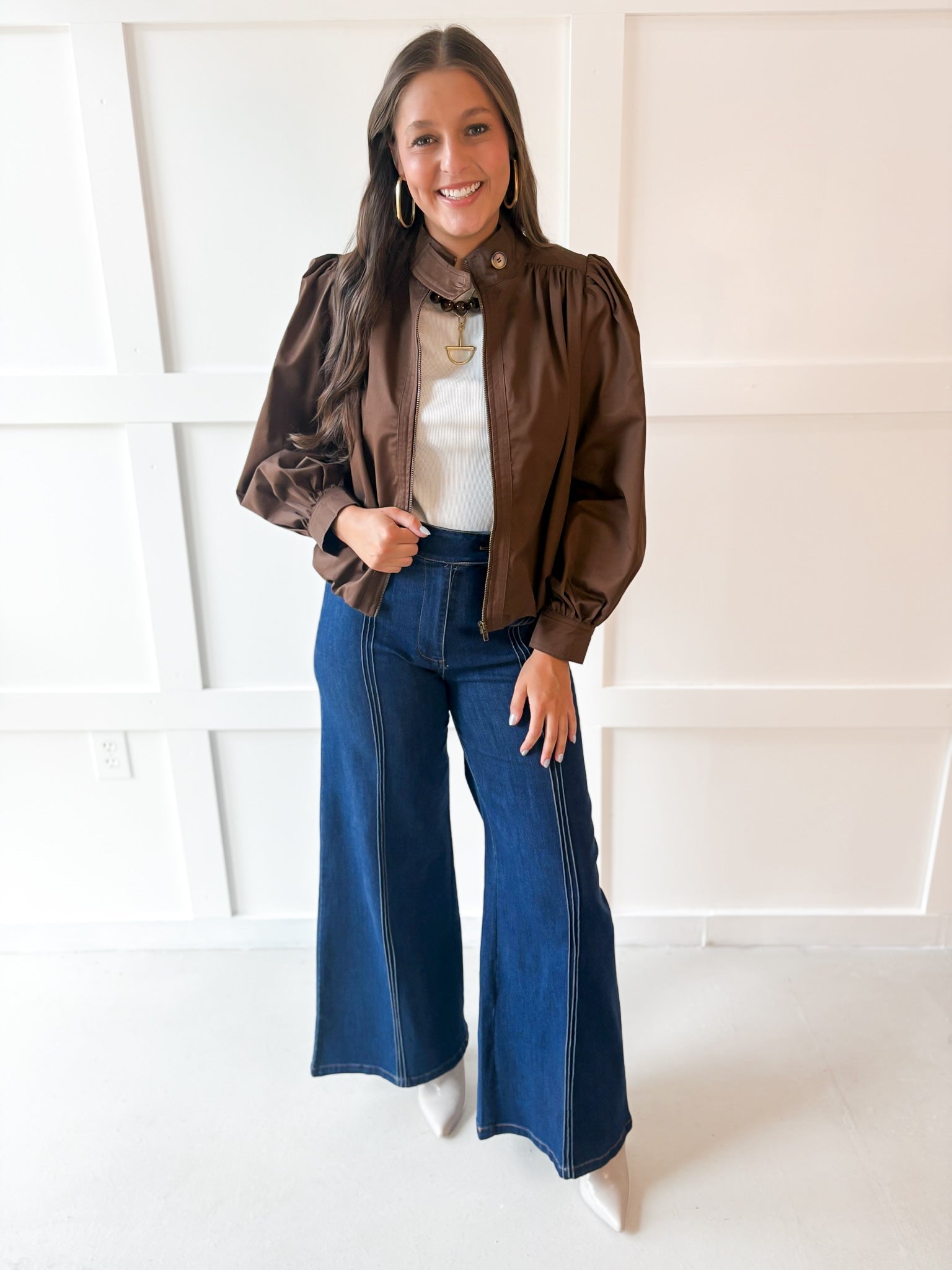 Puff Sleeve Bubble Hem Jacket- Brown