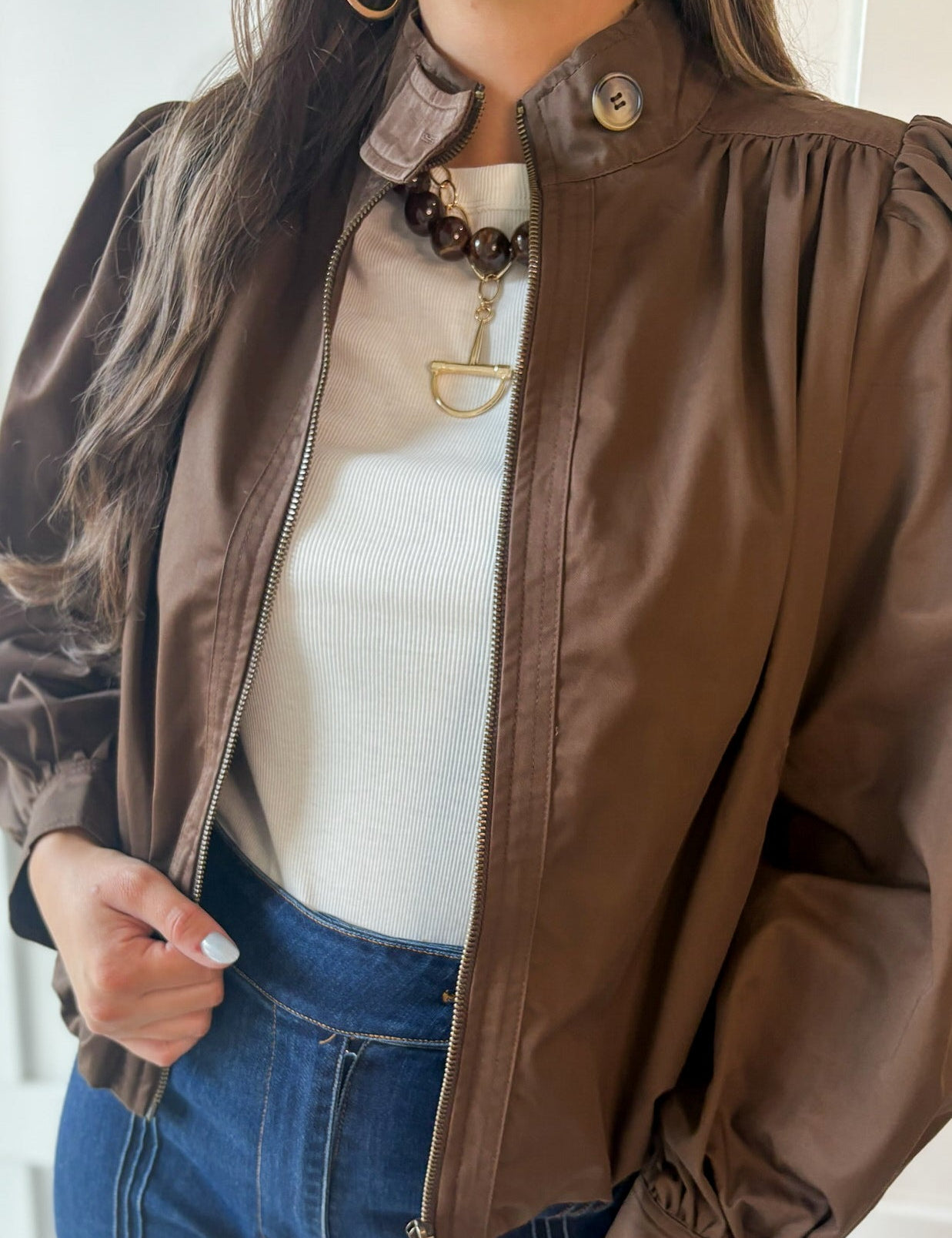 Puff Sleeve Bubble Hem Jacket- Brown