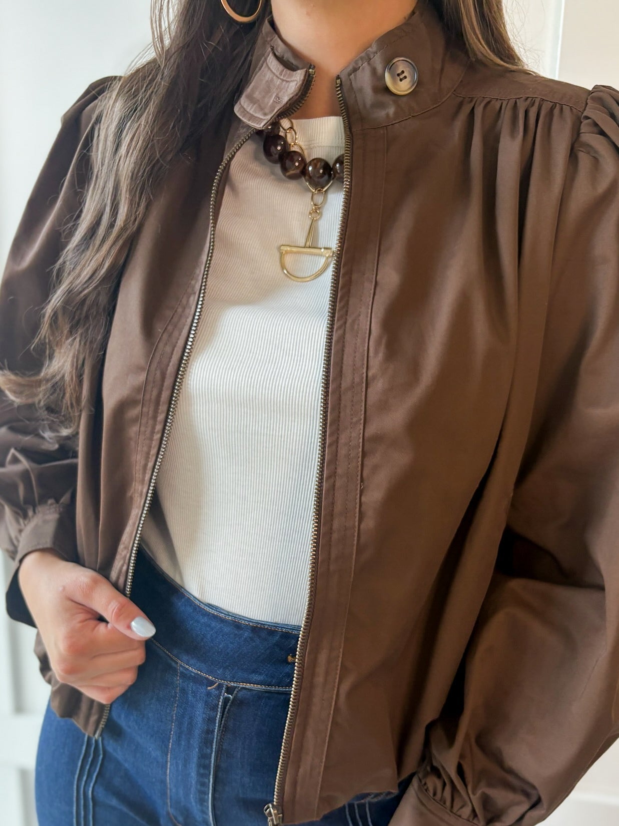 Puff Sleeve Bubble Hem Jacket- Brown