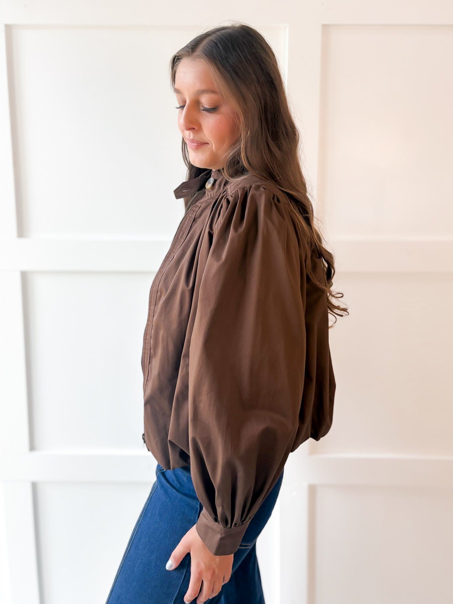 Puff Sleeve Bubble Hem Jacket- Brown
