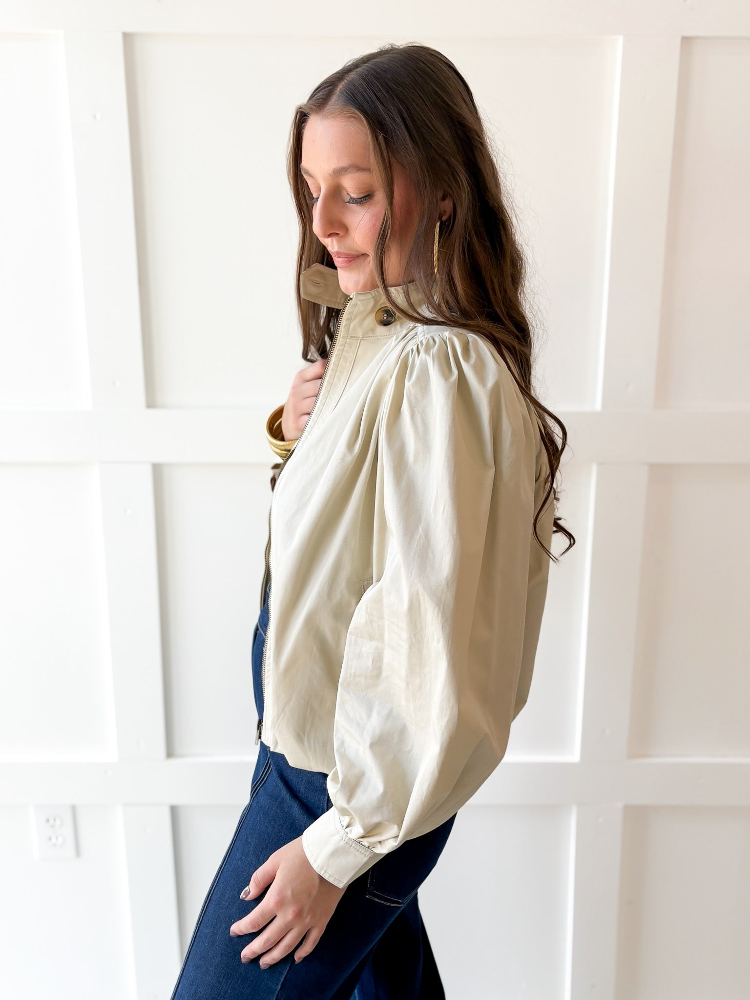 Puff Sleeve Bubble Hem Jacket- Ecru