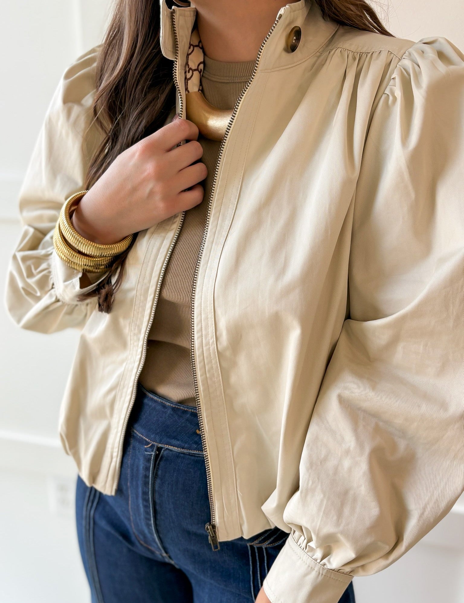 Puff Sleeve Bubble Hem Jacket- Ecru