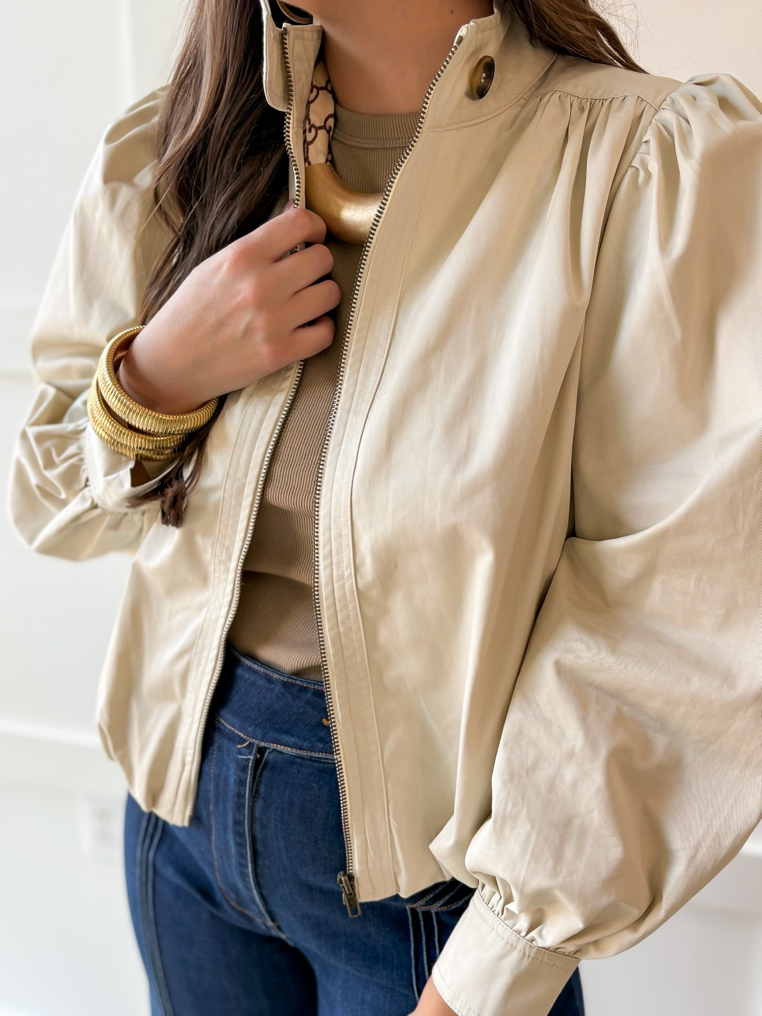 Puff Sleeve Bubble Hem Jacket- Ecru