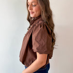 Puff Sleeve Bubble Hem Top - Brown
