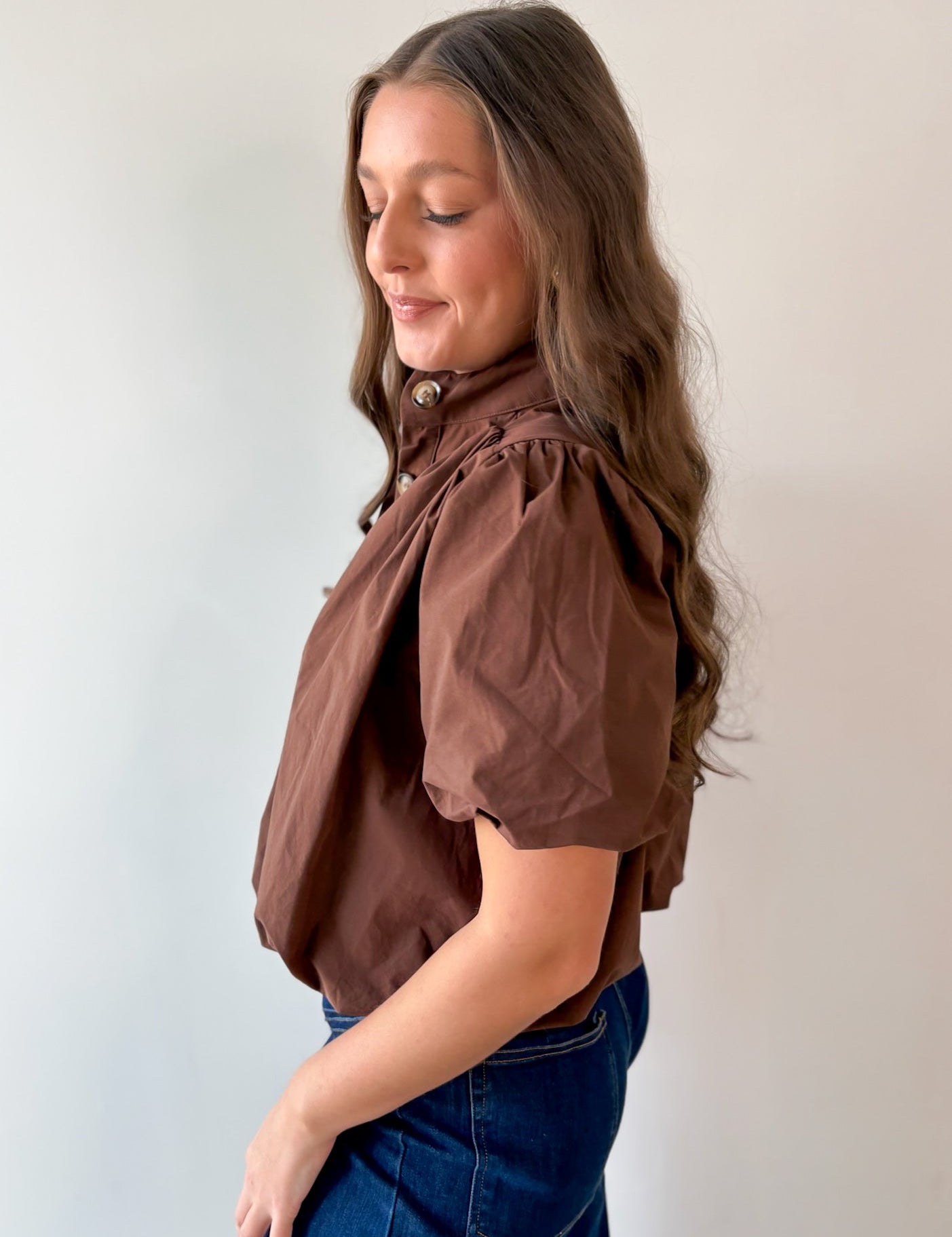 Puff Sleeve Bubble Hem Top - Brown