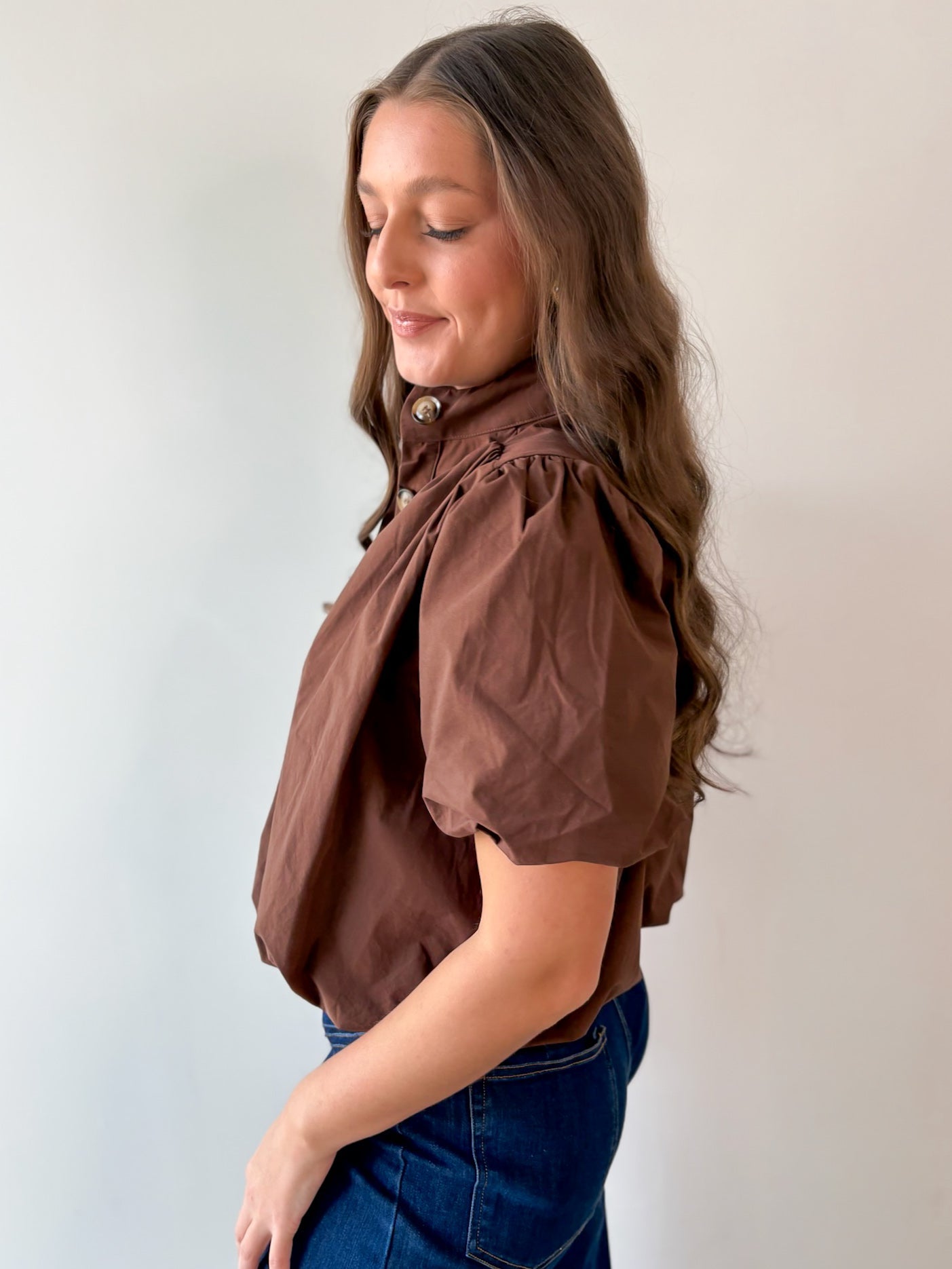 Puff Sleeve Bubble Hem Top - Brown