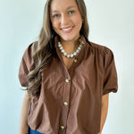 Puff Sleeve Bubble Hem Top - Brown