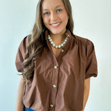 Puff Sleeve Bubble Hem Top - Brown