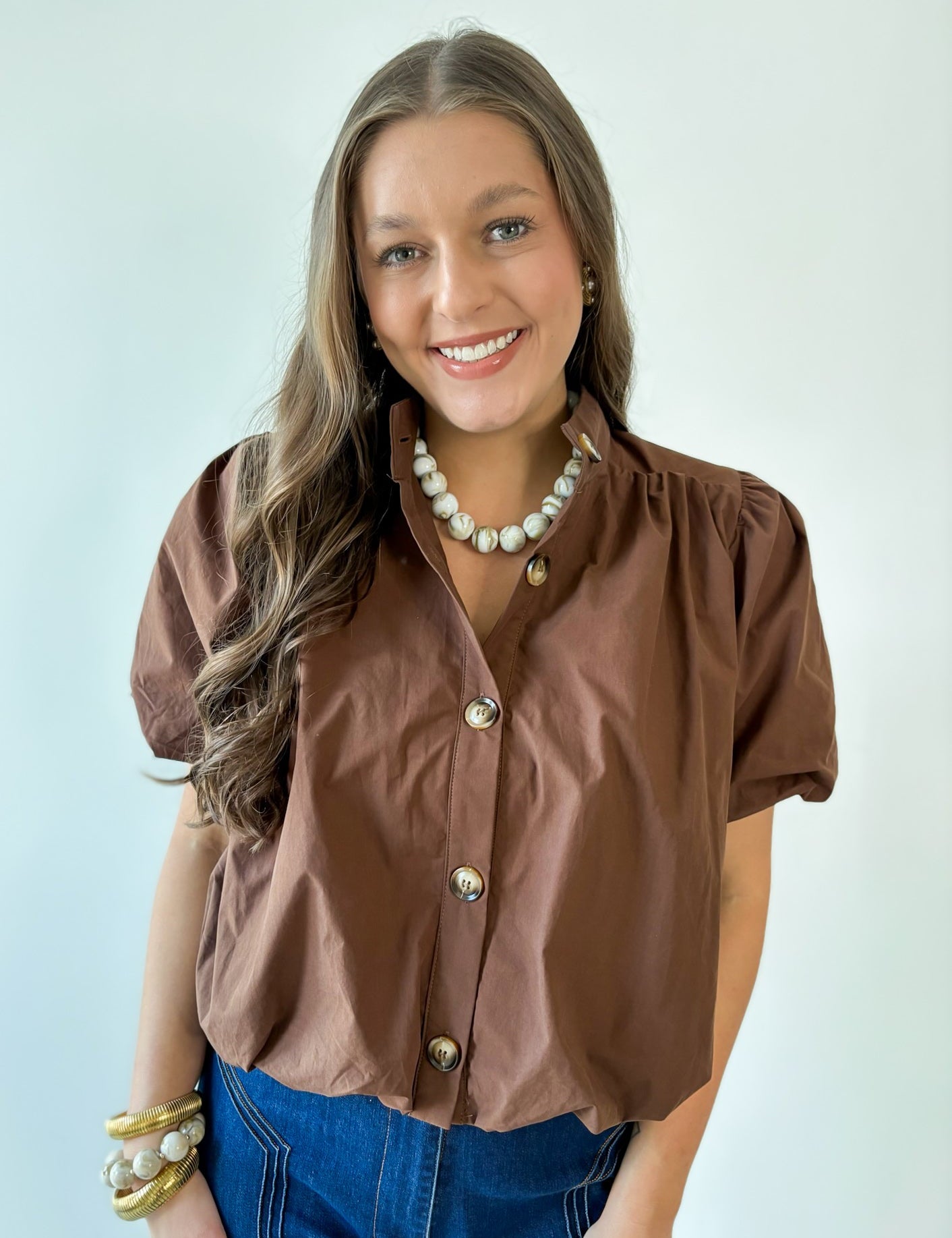 Puff Sleeve Bubble Hem Top - Brown