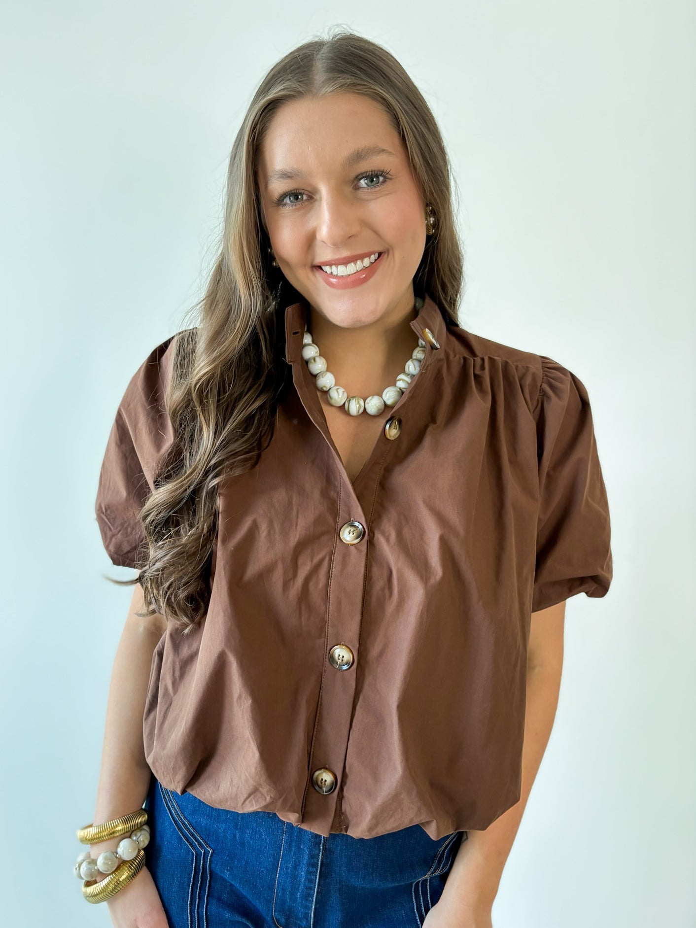 Puff Sleeve Bubble Hem Top - Brown