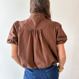 Puff Sleeve Bubble Hem Top - Brown