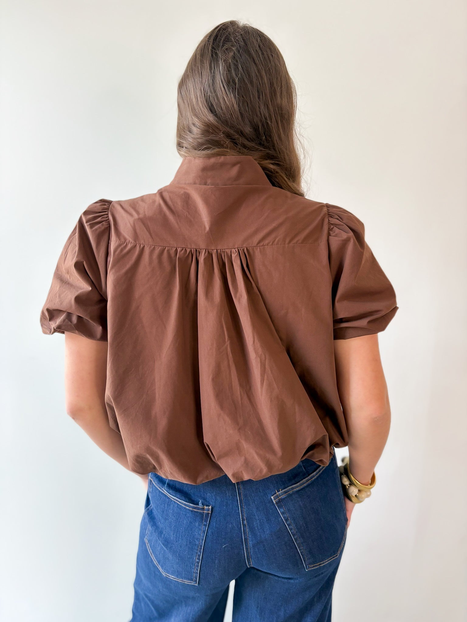 Puff Sleeve Bubble Hem Top - Brown