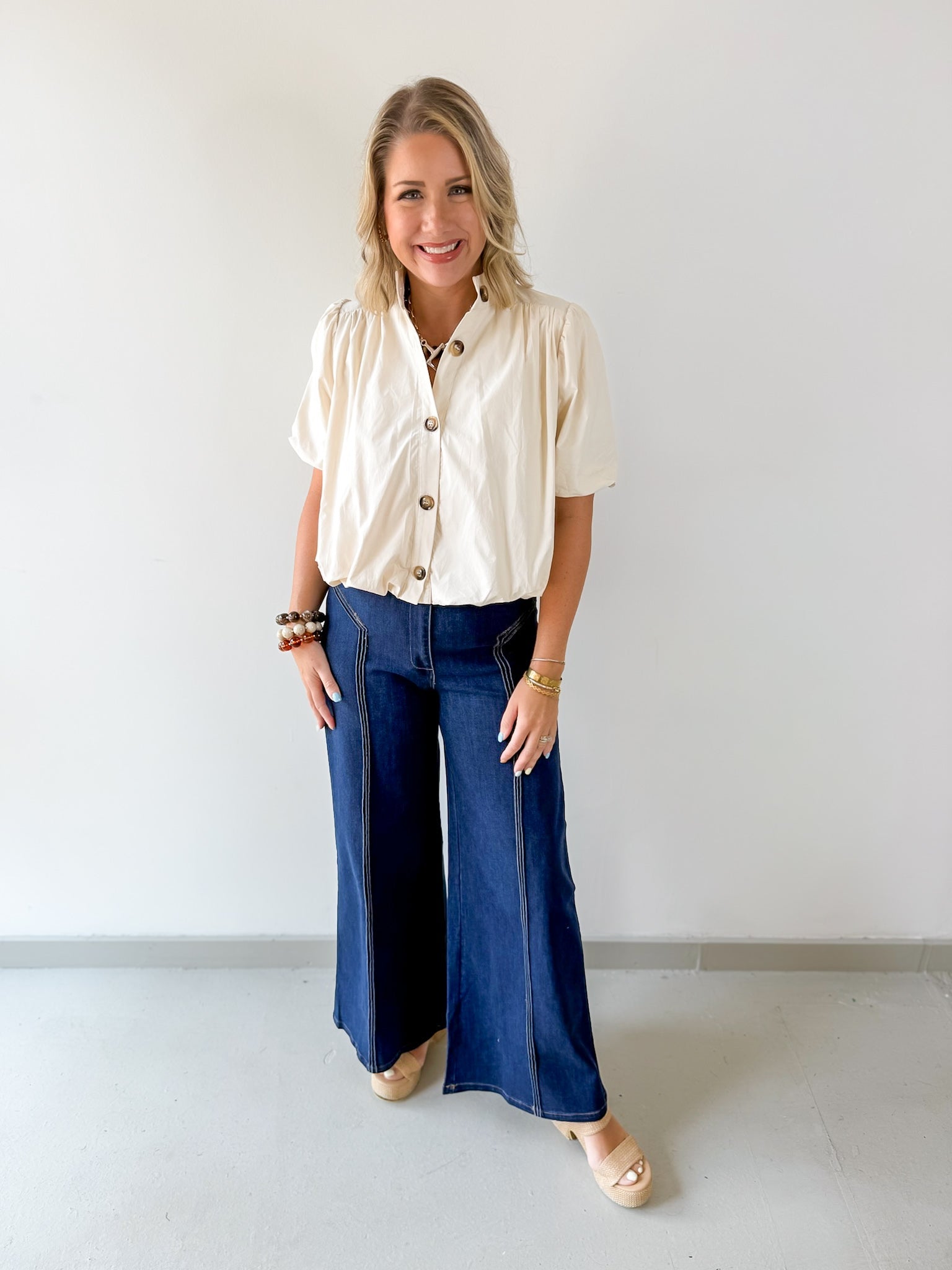 Puff Sleeve Bubble Hem Top - Ecru