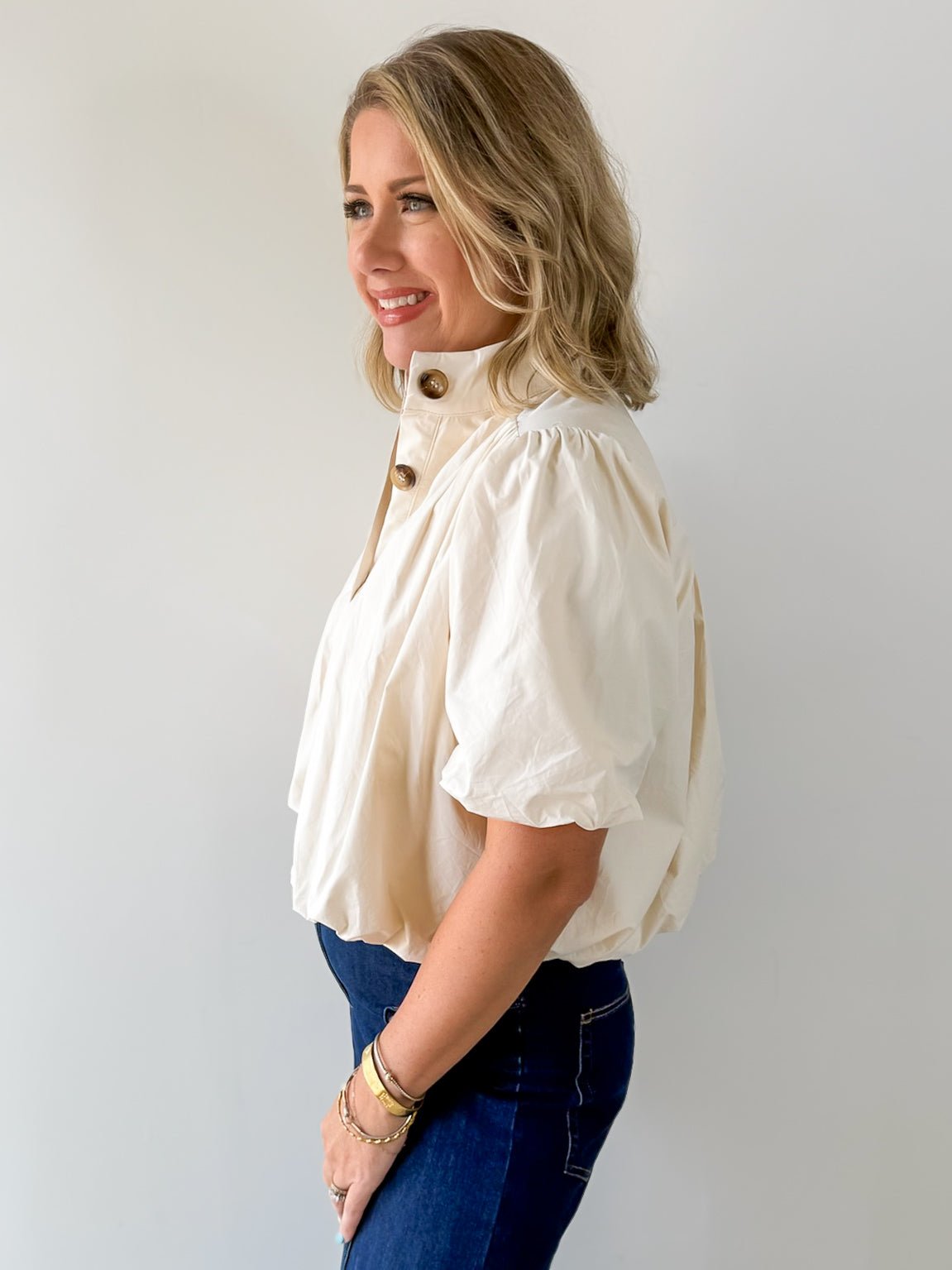 Puff Sleeve Bubble Hem Top - Ecru