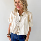 Puff Sleeve Bubble Hem Top - Ecru