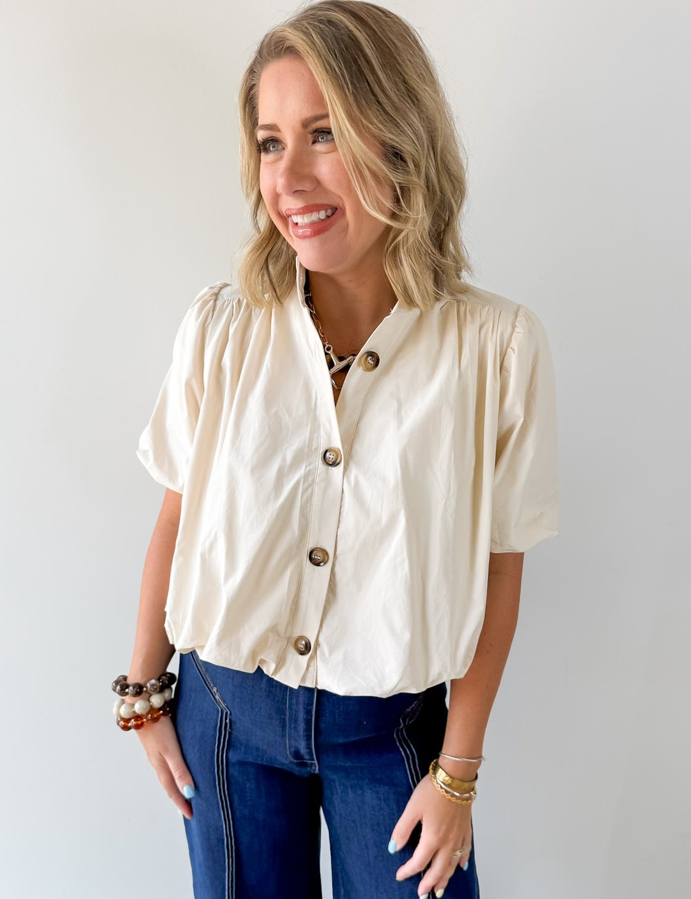 Puff Sleeve Bubble Hem Top - Ecru