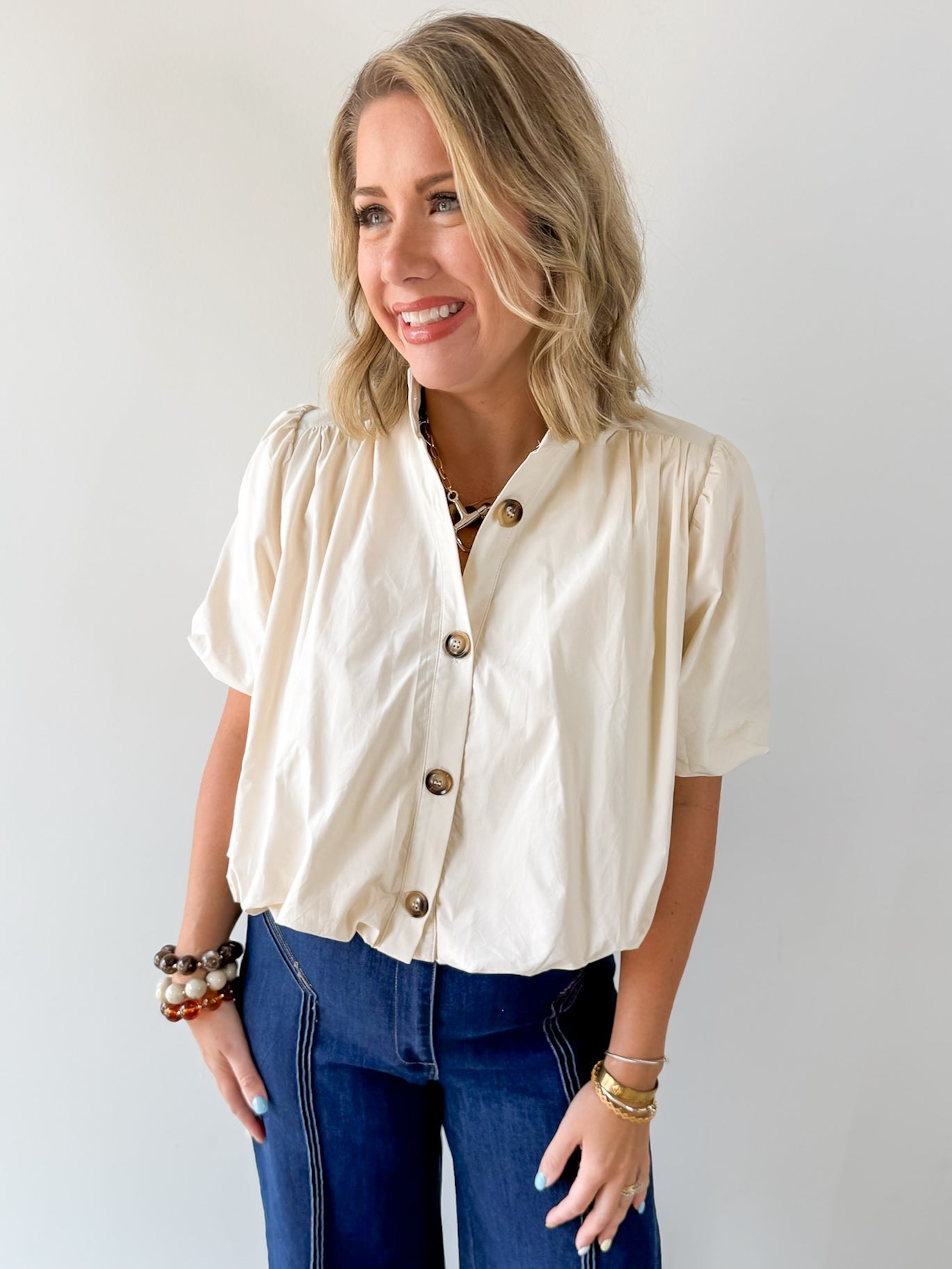 Puff Sleeve Bubble Hem Top - Ecru