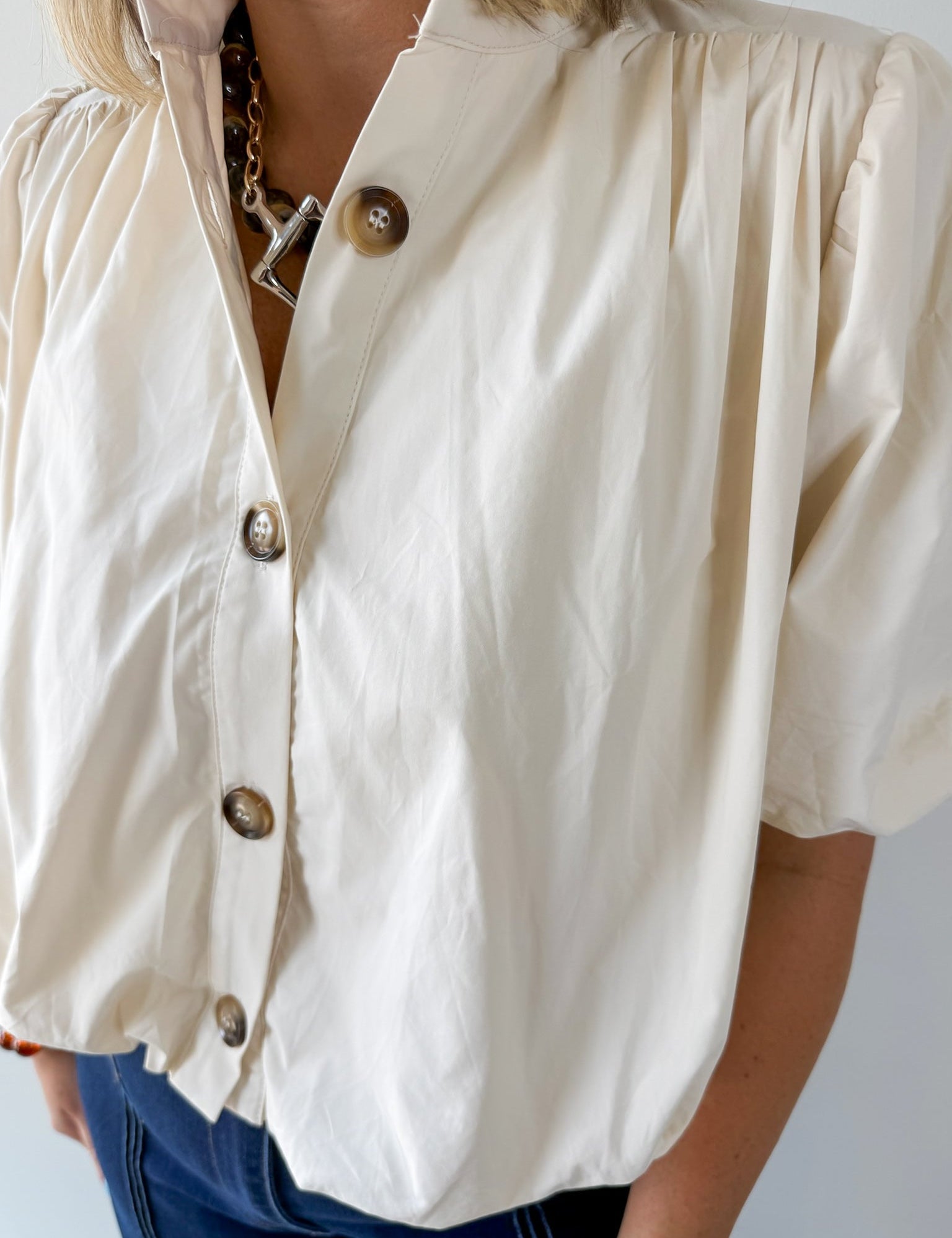 Puff Sleeve Bubble Hem Top - Ecru
