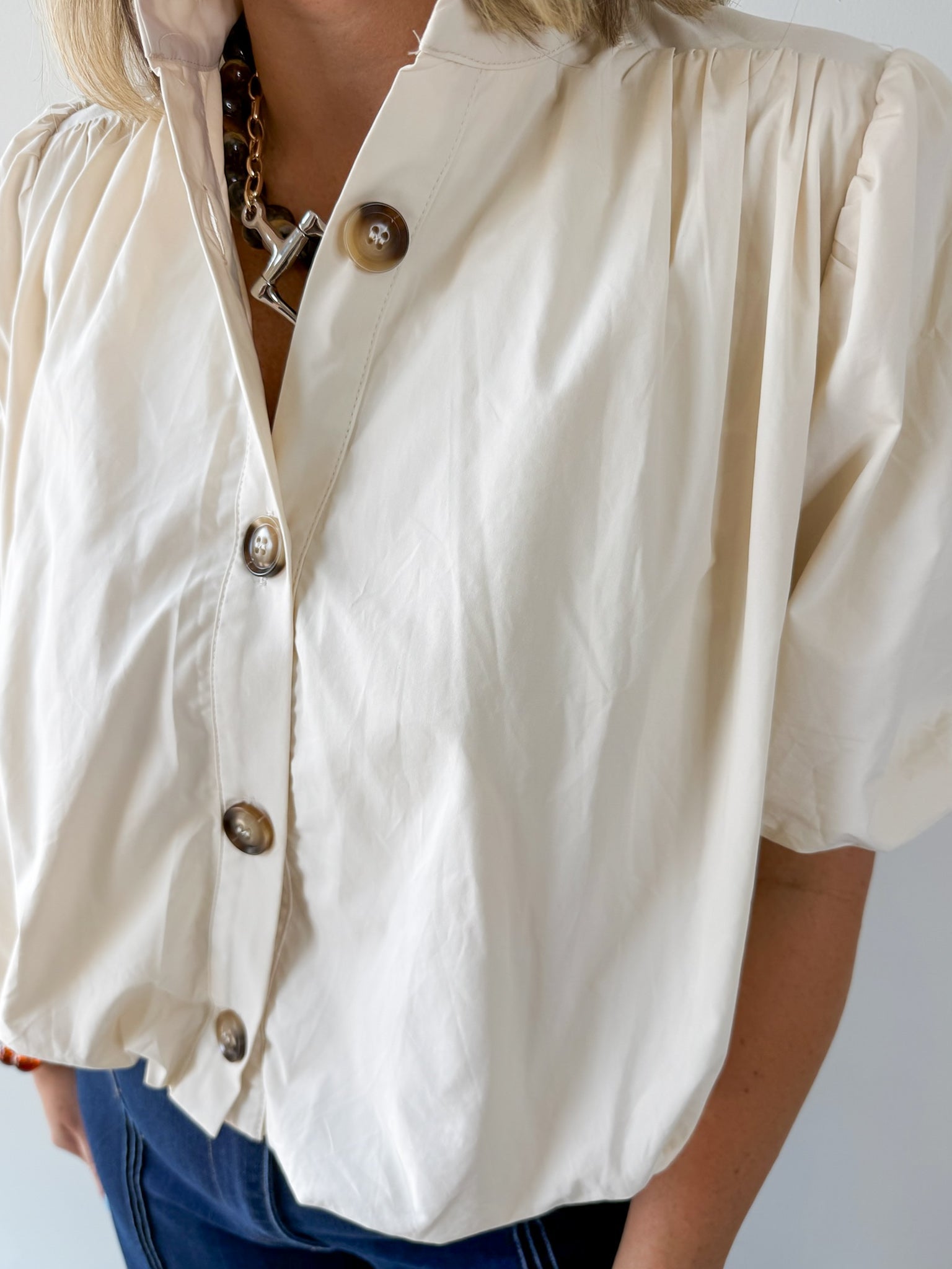 Puff Sleeve Bubble Hem Top - Ecru