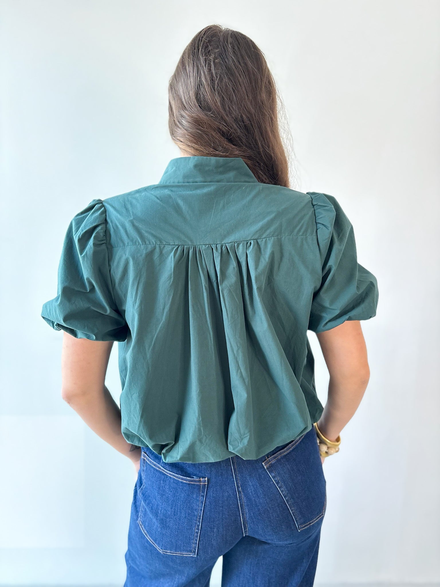Puff Sleeve Bubble Hem Top- Green