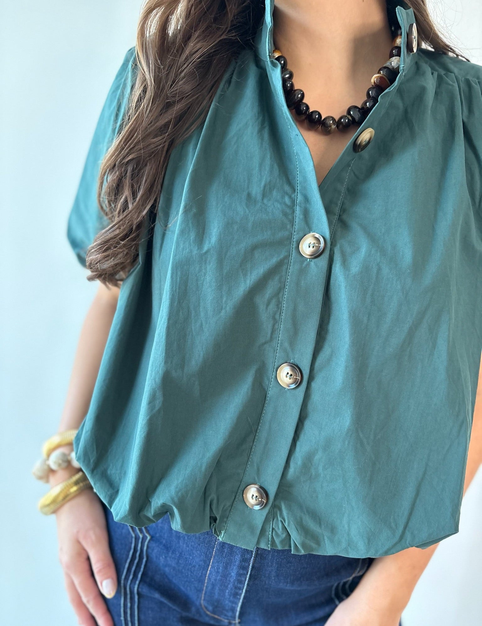 Puff Sleeve Bubble Hem Top- Green