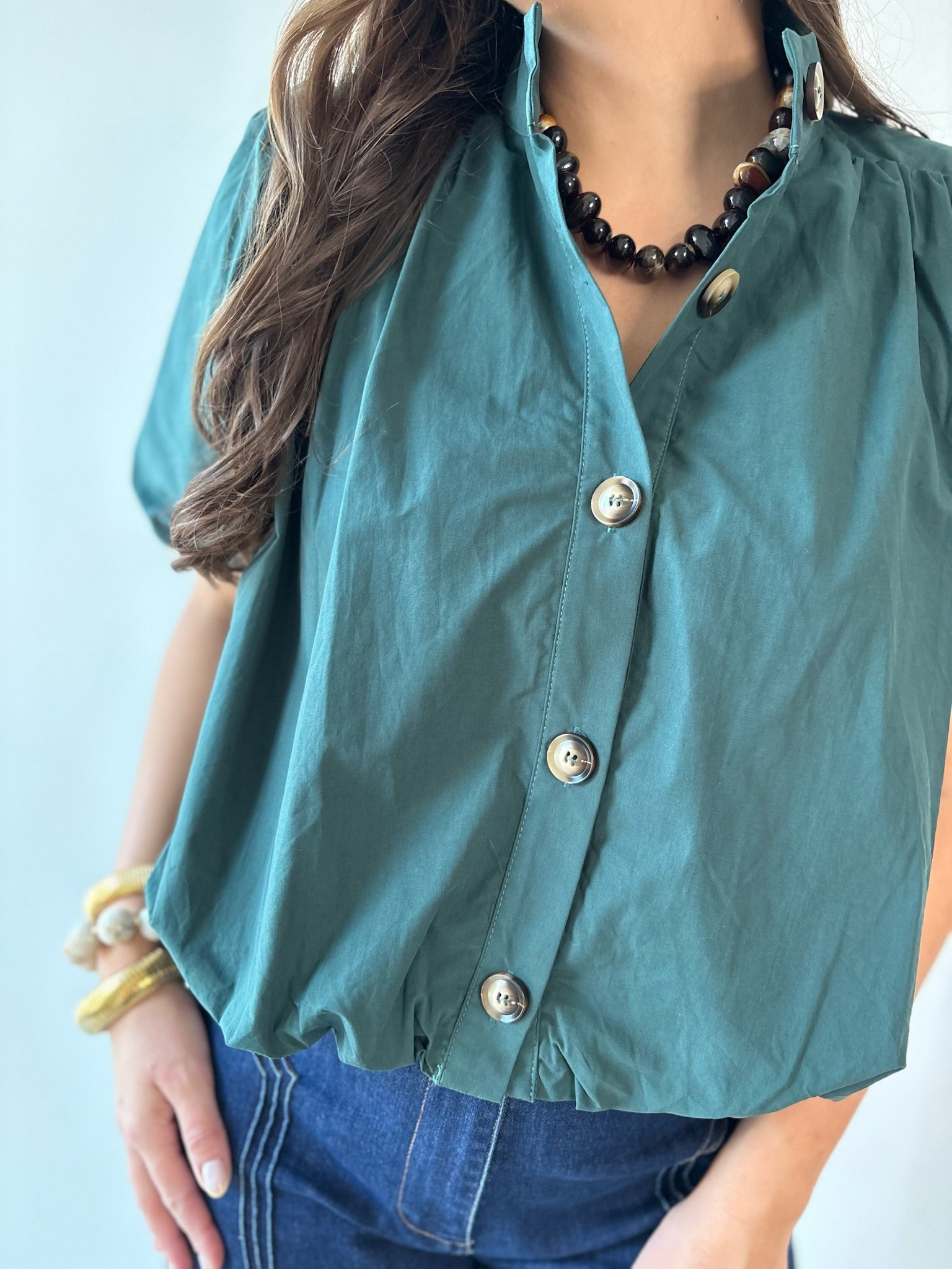 Puff Sleeve Bubble Hem Top- Green