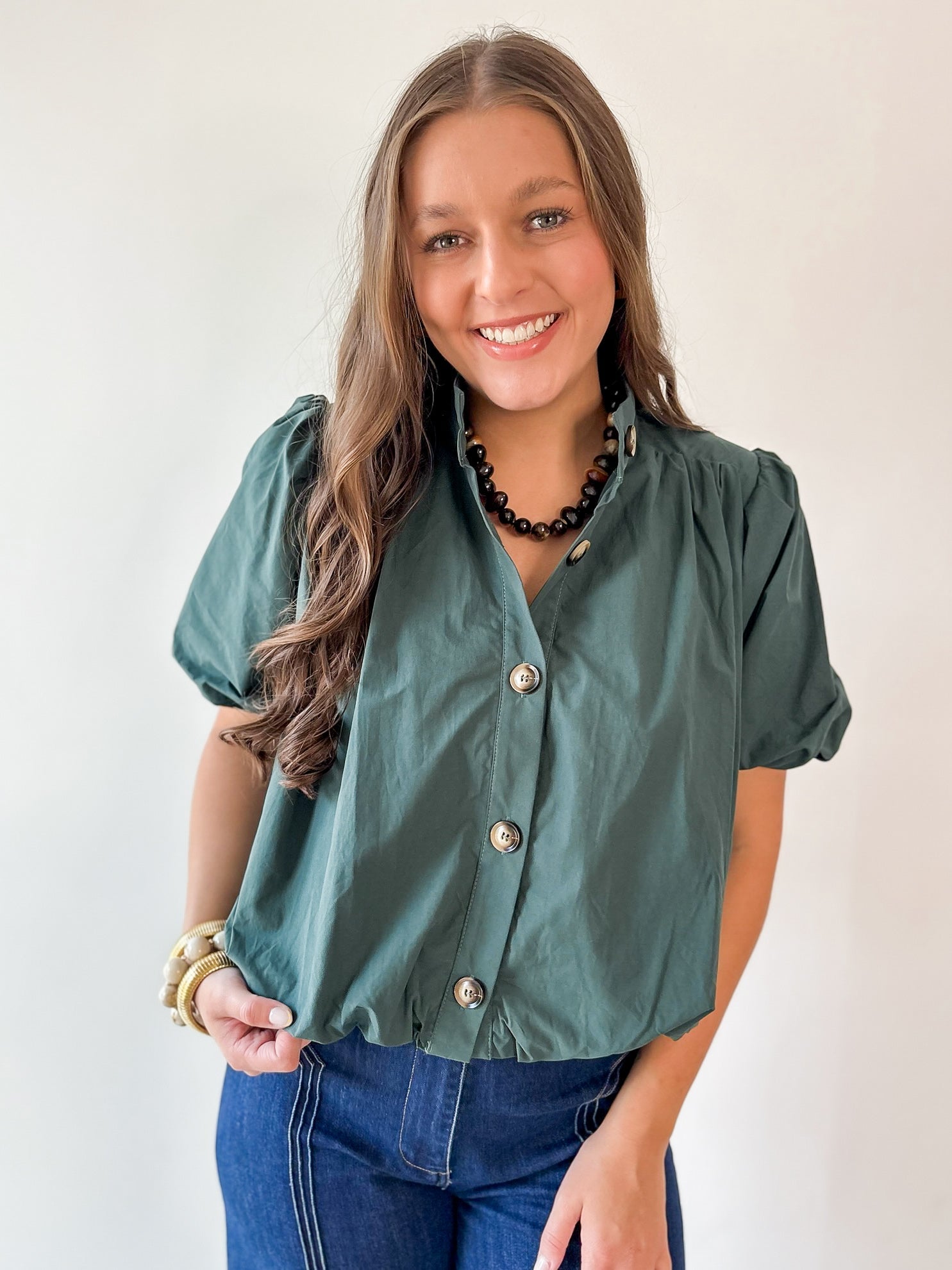Puff Sleeve Bubble Hem Top- Green