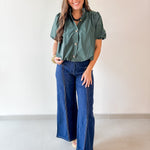 Puff Sleeve Bubble Hem Top- Green